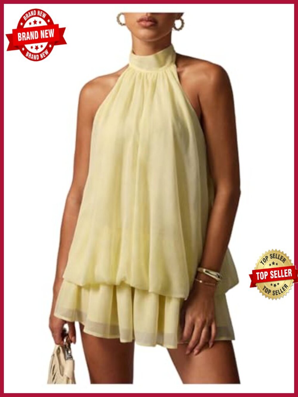 Women's Polka Dots Halter Mini Dress Sleeveless Layered Ruffle Backless